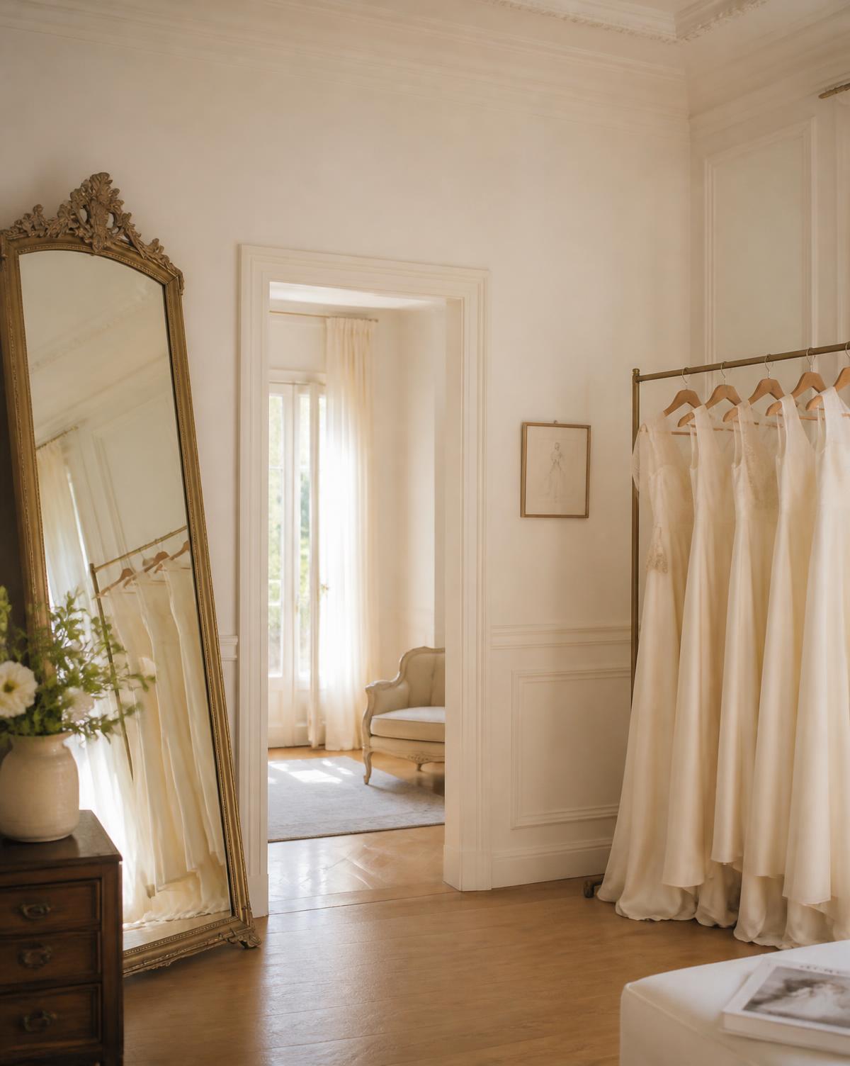 Interior luminoso del atelier con vestidos colgados y espejo antiguo